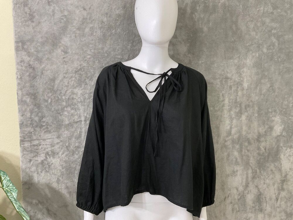 A New Day Linen Blend Poet Peasant Uneven Hem Blouse Top women’s XS Black EUC